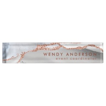 Elegant Watercolor Gray Rose Gold Glitter Agate Desk Name Plate by Eugene_Designs at Zazzle
