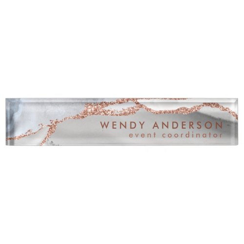 Elegant Watercolor Gray Rose Gold Glitter Agate Desk Name Plate