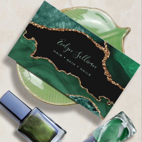 elegant watercolor green agate on black business card