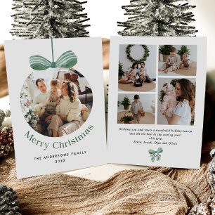 Elegant Watercolor Green Bow Christmas Five Photo Holiday Card