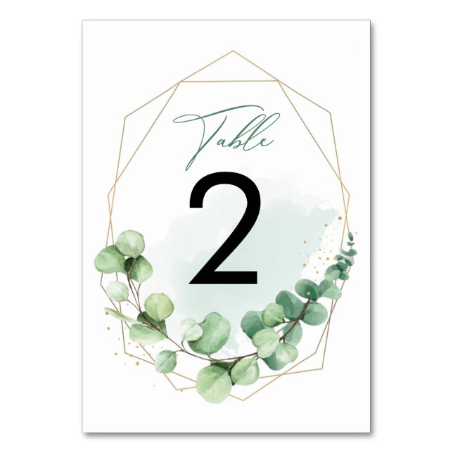 Elegant Watercolor Green Eucalyptus Wedding Table Number (Front)