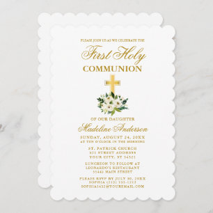 Elegant Watercolor Green Floral First Communion Invitation