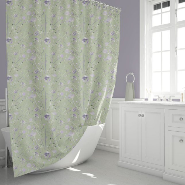 Elegant Watercolor Green Floral Shower Curtain (Elegant Watercolor Sage Green Purple Floral Shower Curtain from Studio Posies.)