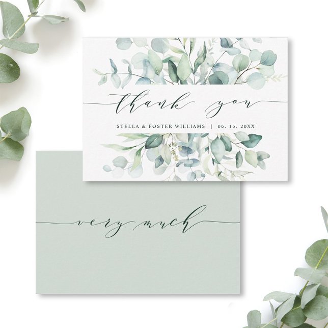 Elegant Watercolor Green Foliage Thank You Card (Front & Back)