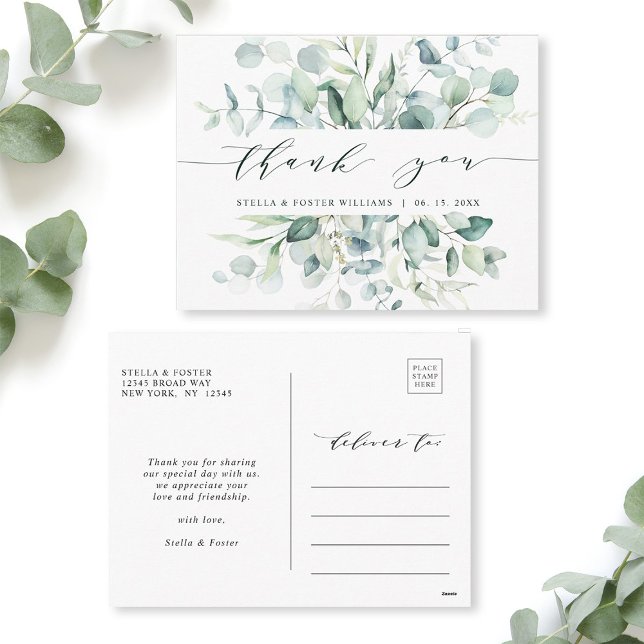 Elegant Watercolor Green Foliage Thank You Postcard (Front & Back)