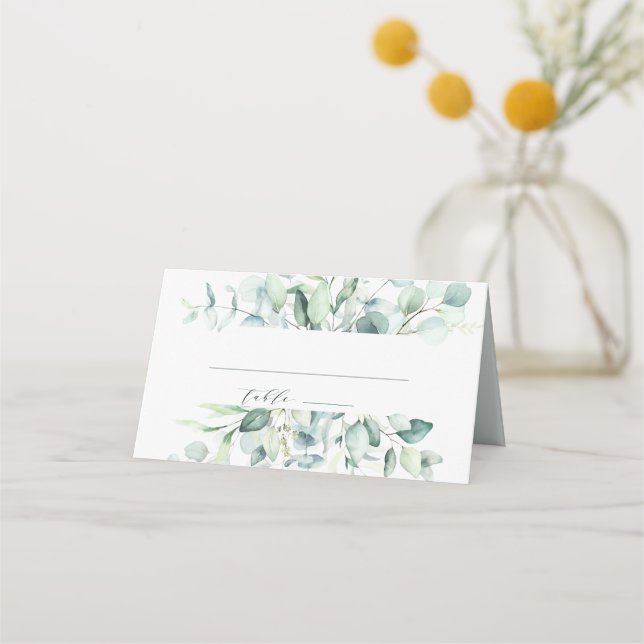 Elegant Watercolor Green Foliage Wedding Place Card (Front)