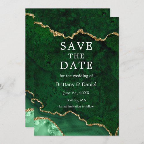 Elegant Watercolor Green Gold Marble Agate Geode Save The Date