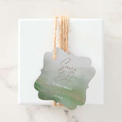 Elegant Watercolor Green  Gold Save the Date Favor Tags
