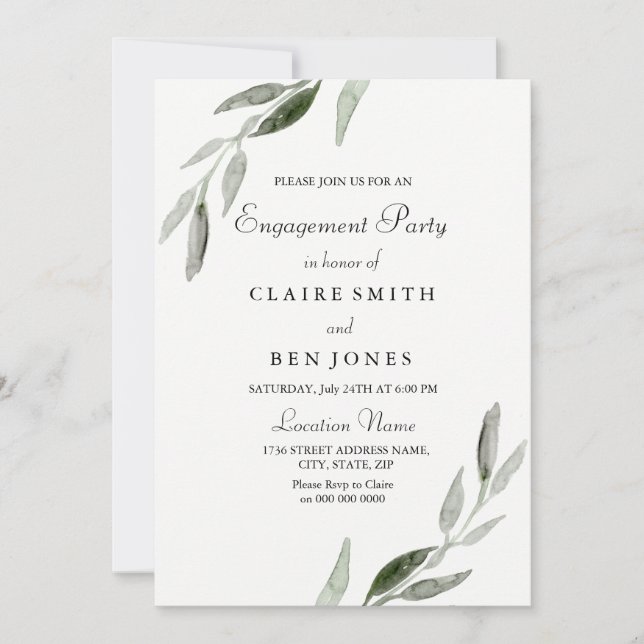 Elegant Watercolor Green Leaf Engagement Party Invitation (Front)