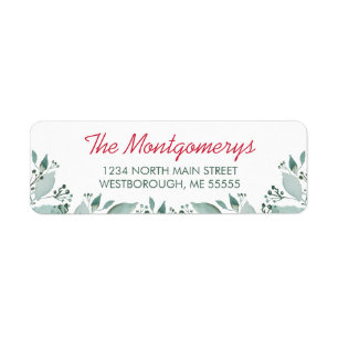 Elegant Watercolor Green Leaf Red Return Address Label