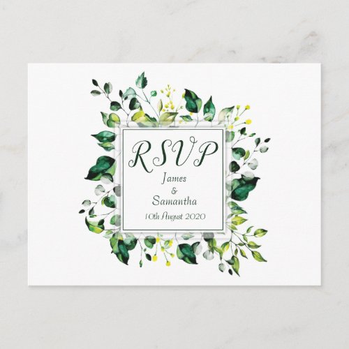 Elegant Watercolor Green Leaf  RSVP Postcard