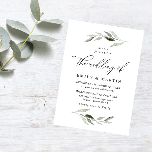 Elegant Watercolor Green Leaf Spring Wedding Invitation | Zazzle