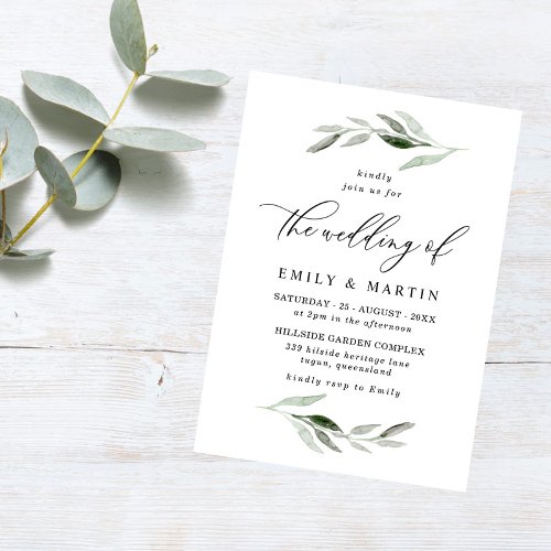 Elegant Watercolor Green Leaf Spring Wedding Invitation