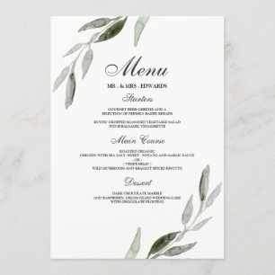 Elegant Watercolor Green Leaf Wedding Menu
