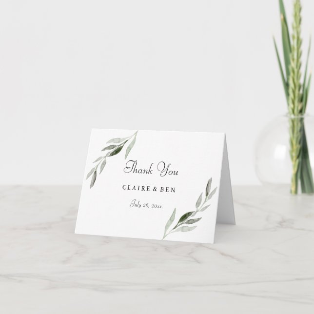 Elegant Watercolor Green Leaf Wedding Thank You Card (Front)