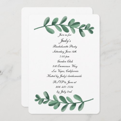 Elegant Watercolor Green Leaves Bachelorette Party Invitation