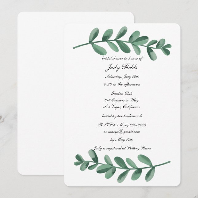 Elegant Watercolor Green Leaves Bridal Shower Invitation (Front/Back)