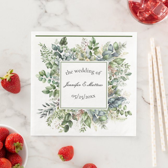 Elegant Watercolor Green Leaves Custom Wedding  Paper Dinner Napkins (Insitu)