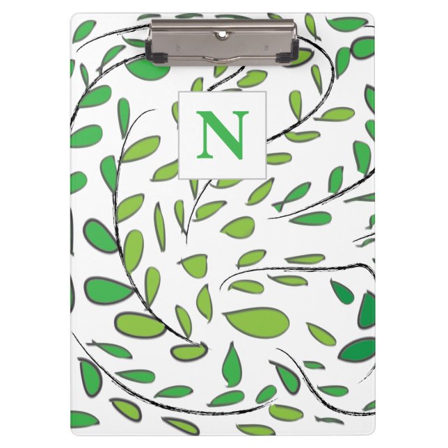 Elegant Watercolor Green Leaves Monogram  Clipboard (Front)