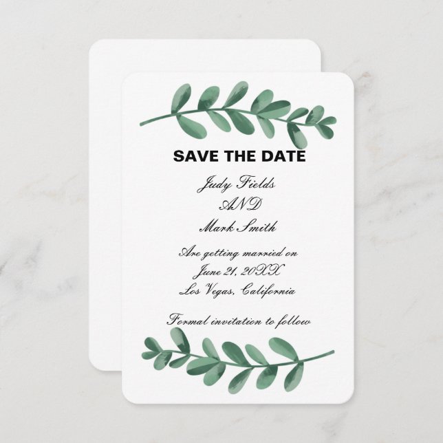 Elegant Watercolor Green Leaves Save The Date Card (Front/Back)
