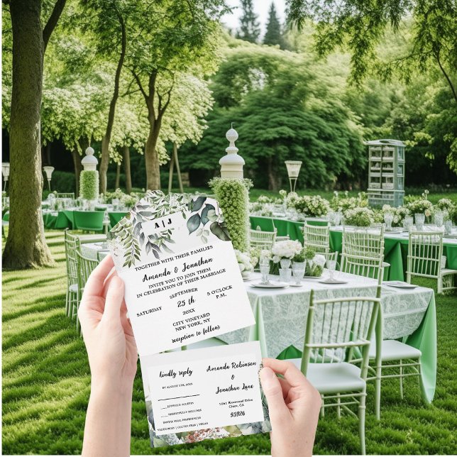 Elegant Watercolor Green Leaves Wedding All In One Invitation (Creator Uploaded)