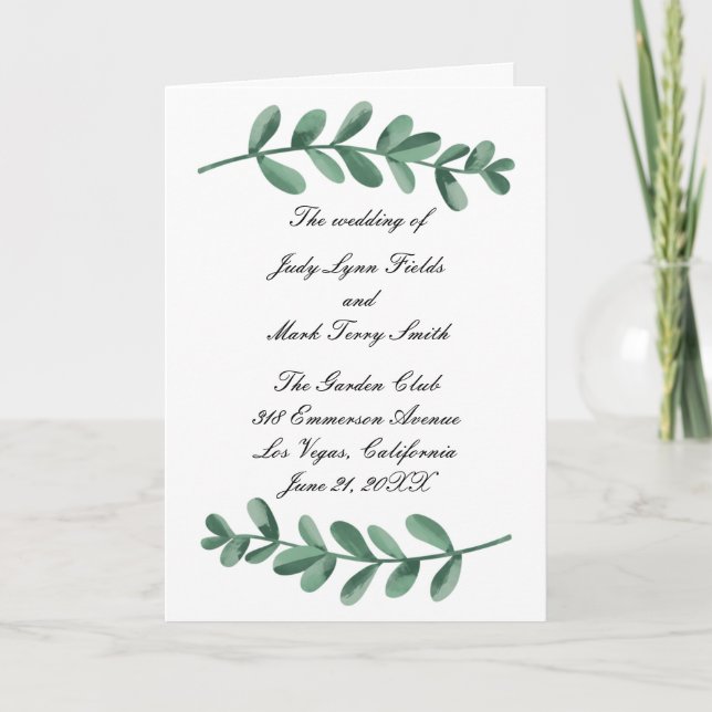Elegant Watercolor Green Leaves Wedding Program (Front)