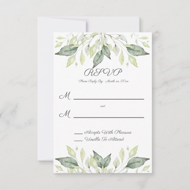 Elegant Watercolor Green Leaves Wedding RSVP Card (Front)