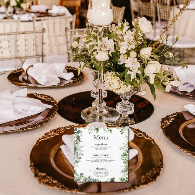 Elegant Watercolor Green Leaves Wedding Square Menu (Creator Uploaded)