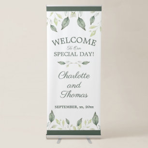 Elegant Watercolor Green Leaves Wedding Welcome Retractable Banner