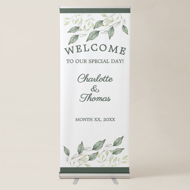 Elegant Watercolor Green Leaves Wedding Welcome Retractable Banner (Front)