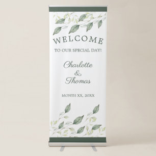 Elegant Watercolor Green Leaves Wedding Welcome Retractable Banner