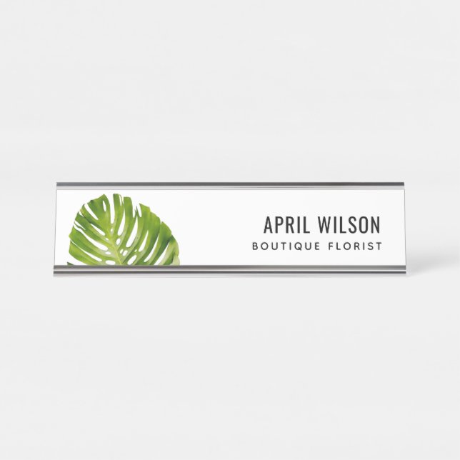 ELEGANT WATERCOLOR GREEN MONSTERA LEAF FOLIAGE DESK NAME PLATE (Front)