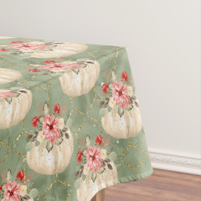 Elegant Watercolor Green Pumpkin Gold Geometric Tablecloth (In Situ)