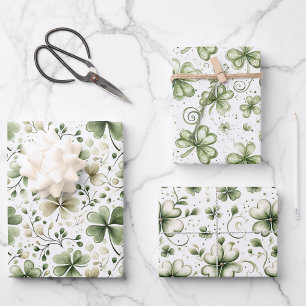 Elegant Watercolor Green Shamrocks Patterns Wrapping Paper Sheets