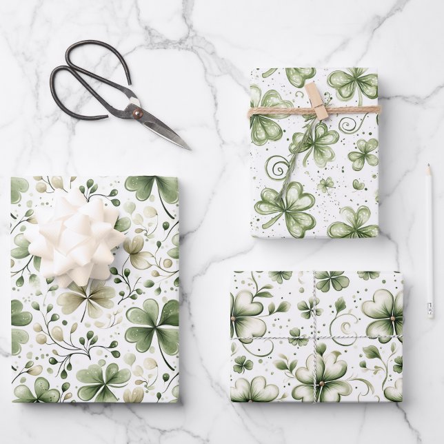 Elegant Watercolor Green Shamrocks Patterns Wrapping Paper Sheets (Creator Uploaded)