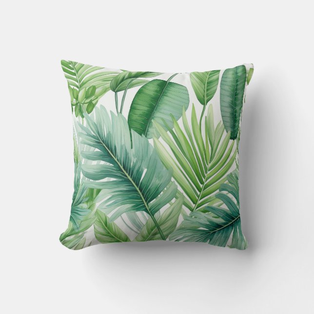 Elegant Watercolor Green Tropical Leaves Pattern Throw Pillow (Front)