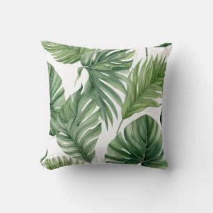 Elegant Watercolor Green Tropical Leaves Pattern Throw Pillow