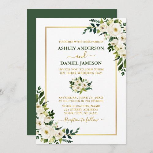Elegant Watercolor Green White Floral Gold Wedding Invitation