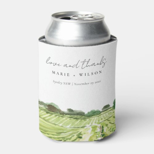 Elegant Watercolor Green Winery Vineyard Wedding Can Cooler