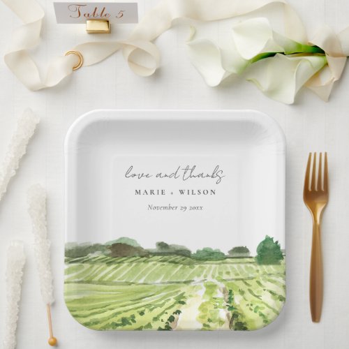 Elegant Watercolor Green Winery Vineyard Wedding Paper Plates