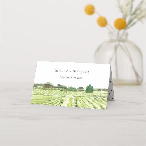 Elegant Watercolor Green Winery Vineyard Wedding Place Card