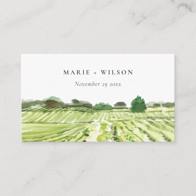 Elegant Watercolor Green Winery Vineyard Wedding Place Card (Front)
