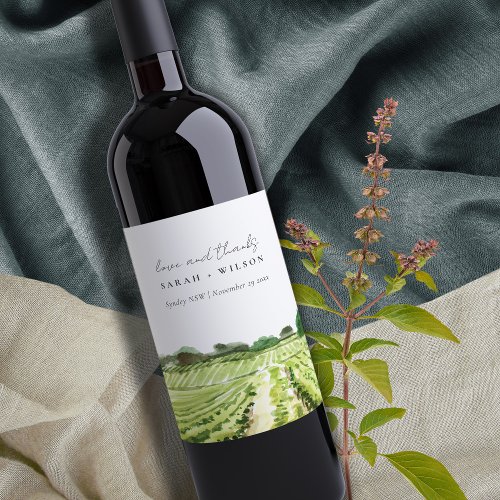 Elegant Watercolor Green Winery Vineyard Wedding Wine Label