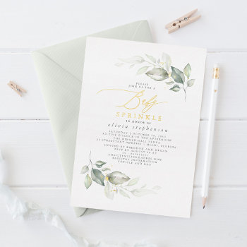 Elegant Watercolor Greenery And Gold Baby Sprinkle Foil Invitation by lovelywow at Zazzle