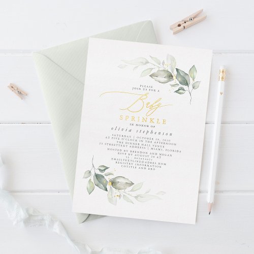 Elegant Watercolor Greenery and Gold Baby Sprinkle Foil Invitation