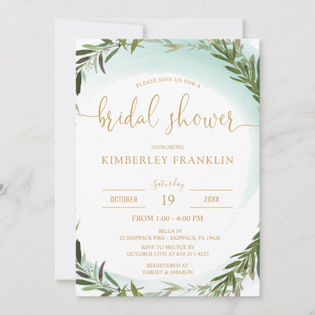 Elegant Watercolor Greenery and Mint Bridal Shower Invitation (Front)
