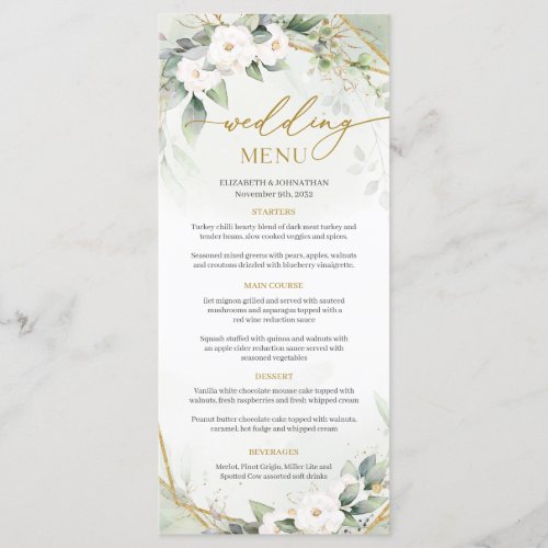 Elegant watercolor greenery and white flowers gold menu