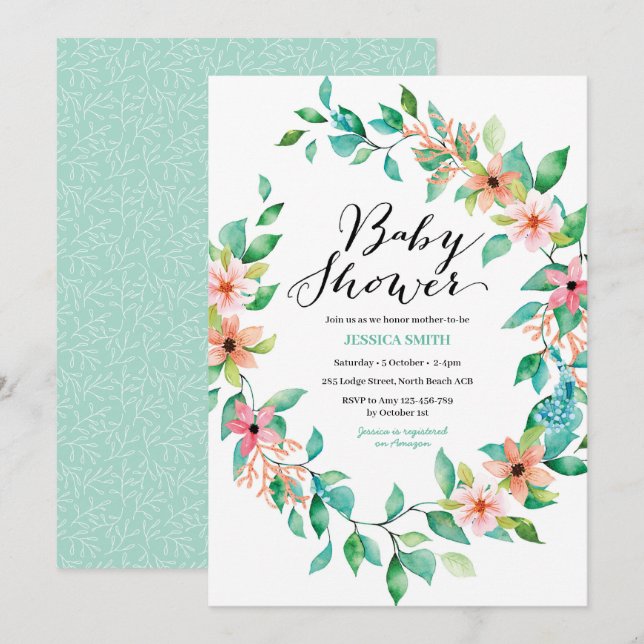Elegant Watercolor Greenery Baby Shower Invitation (Front/Back)