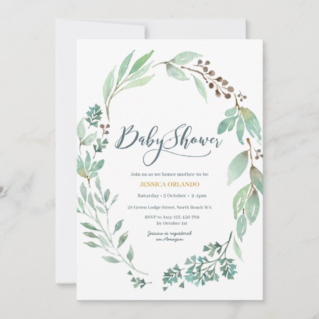 Elegant Watercolor Greenery Baby Shower Invitation (Front)