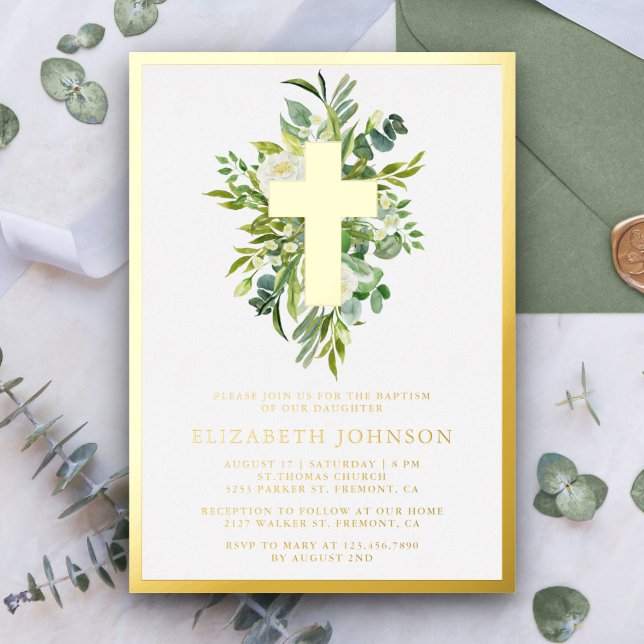 Elegant Watercolor Greenery Baptism Gold Foil Invitation (Creator Uploaded)